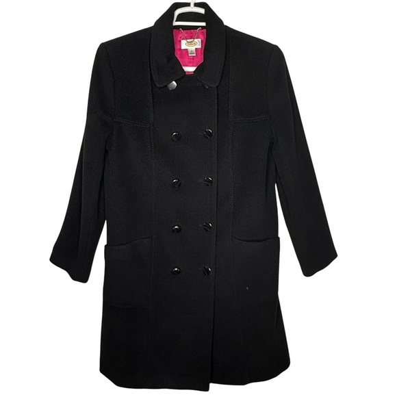 Talbots Black Wool Coat Size 14 Textured Double Breasted Long Pink Satin Lining - Picture 1 of 16
